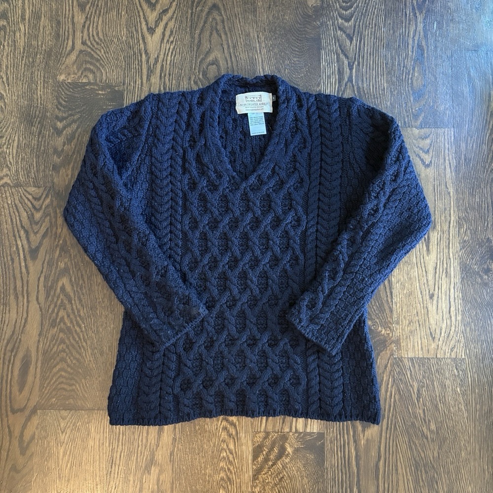 Aran Sweater Market Wool Cable Knit Fisherman Sweater Womens S Navy Blue V-Neck